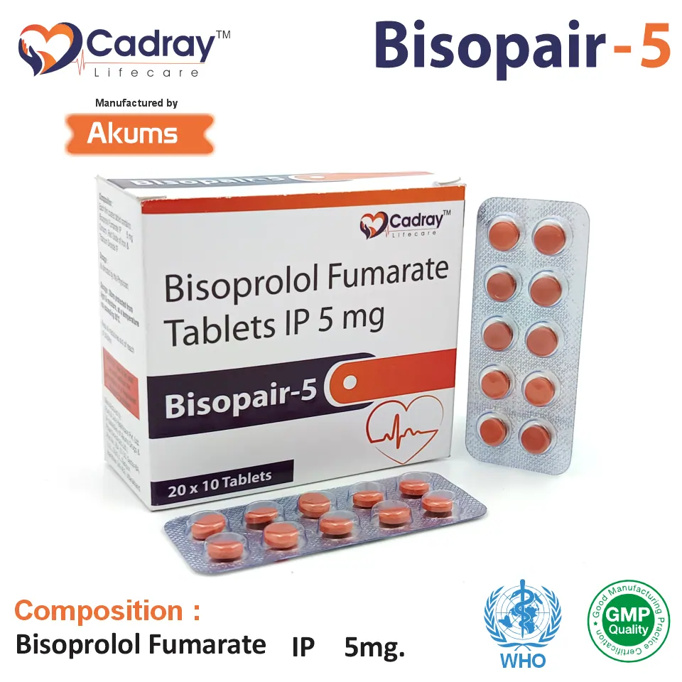 Bisopair 5 Tablet with Bisoprolol 5mg is used for hypertension & heart failure. WHO GMP certified, available at the best price for PCD pharma franchise, third-party manufacturing & export.